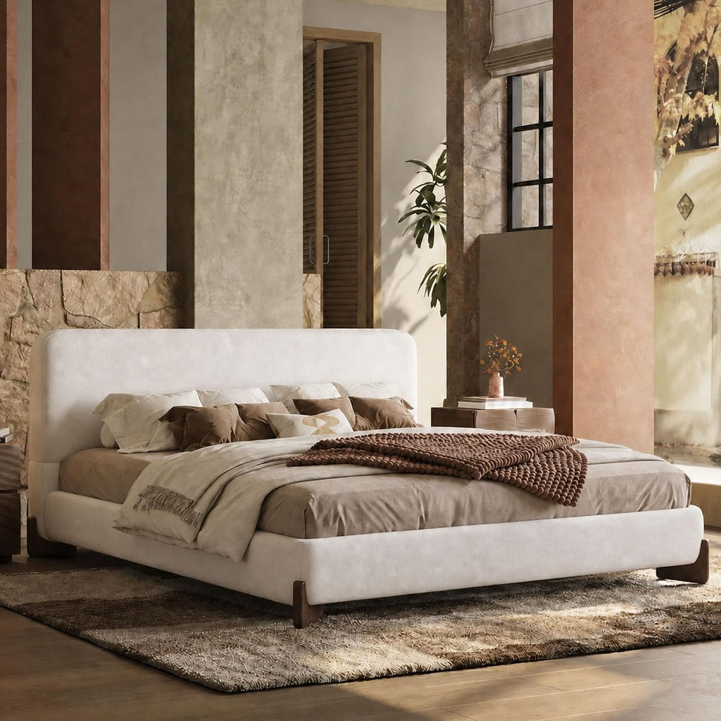 Kenhome Queen Size Boucle Cloud Bed Frame, White Upholstered Platform Bed with Soft Headboard, Solid Wood Legs, No Box Spring Required, Easy Assembly (Beige, Queen (U.S. Standard))