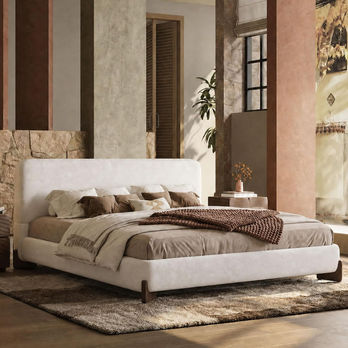 Kenhome Queen Size Boucle Cloud Bed Frame, White Upholstered Platform Bed with Soft Headboard, Solid Wood Legs, No Box Spring Required, Easy Assembly (Beige, Queen (U.S. Standard))