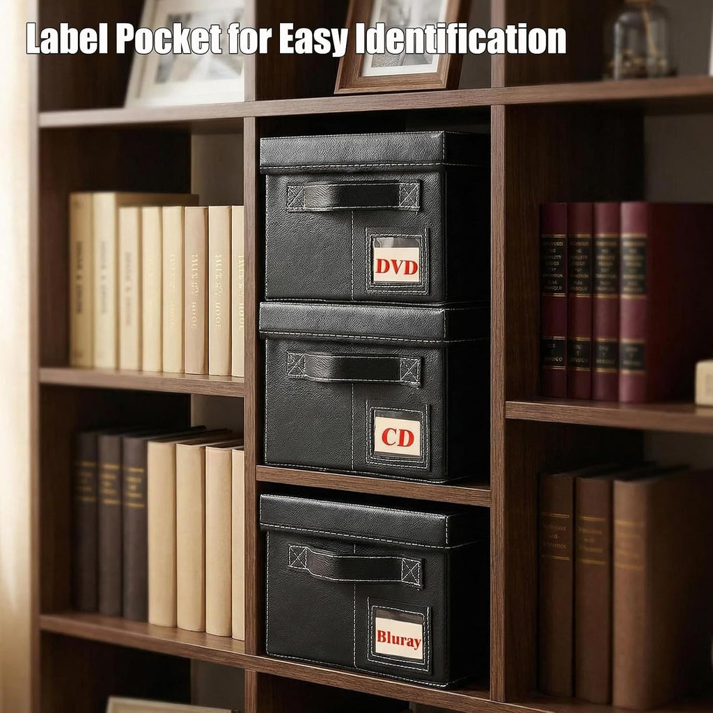 DVD Storage Box 6 Pack, PU Leather DVD Organizer Stackable, Holds 156 DVDs, Disc Organizer for Blu ray CD Video Game, Home Entertainment Media Holder