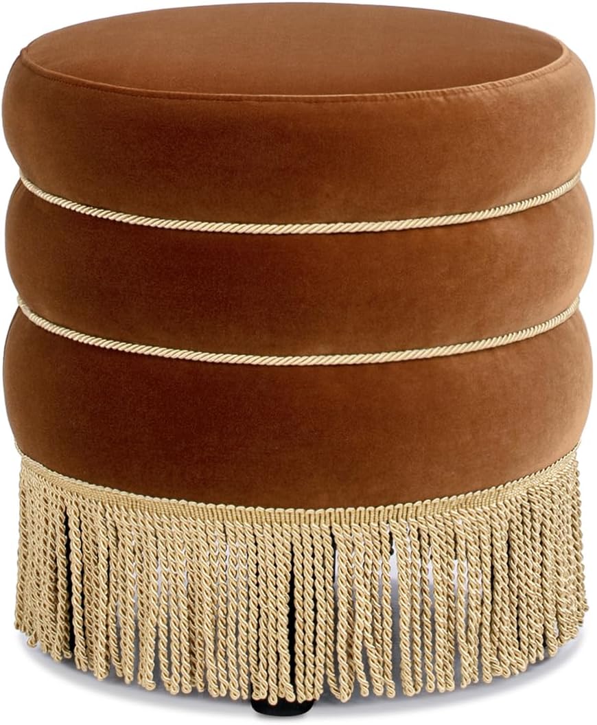 Edward Round Ottoman, Performance Velvet Ottoman, Burnt Orange Footrest with Bullion Fringe, 17.5 Inch Upholstered Seat and Accent Table for Living Room, Bedroom, Entryway