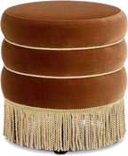 Jennifer Taylor Home Edward 17.5" Round Upholstered Ottoman with Bullion Fringe in Burnt Orange Performance Velvet