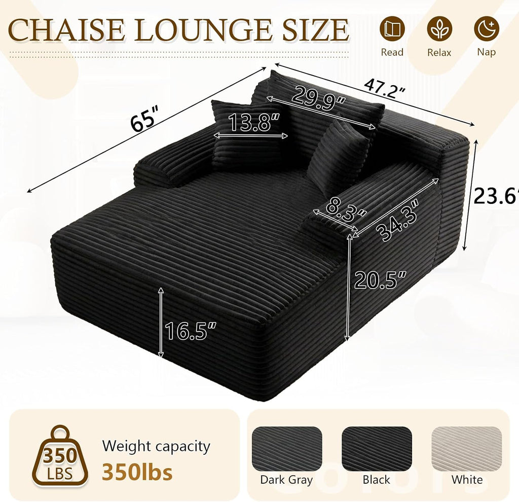 ODUWA 65" Oversized Chaise Lounge Chair Indoor, Cloud Couch Chair with Wide Armrest 3 Pillows, Comfy Cozy Sofa Bed Couches for Living Room No Assembly Require, Black