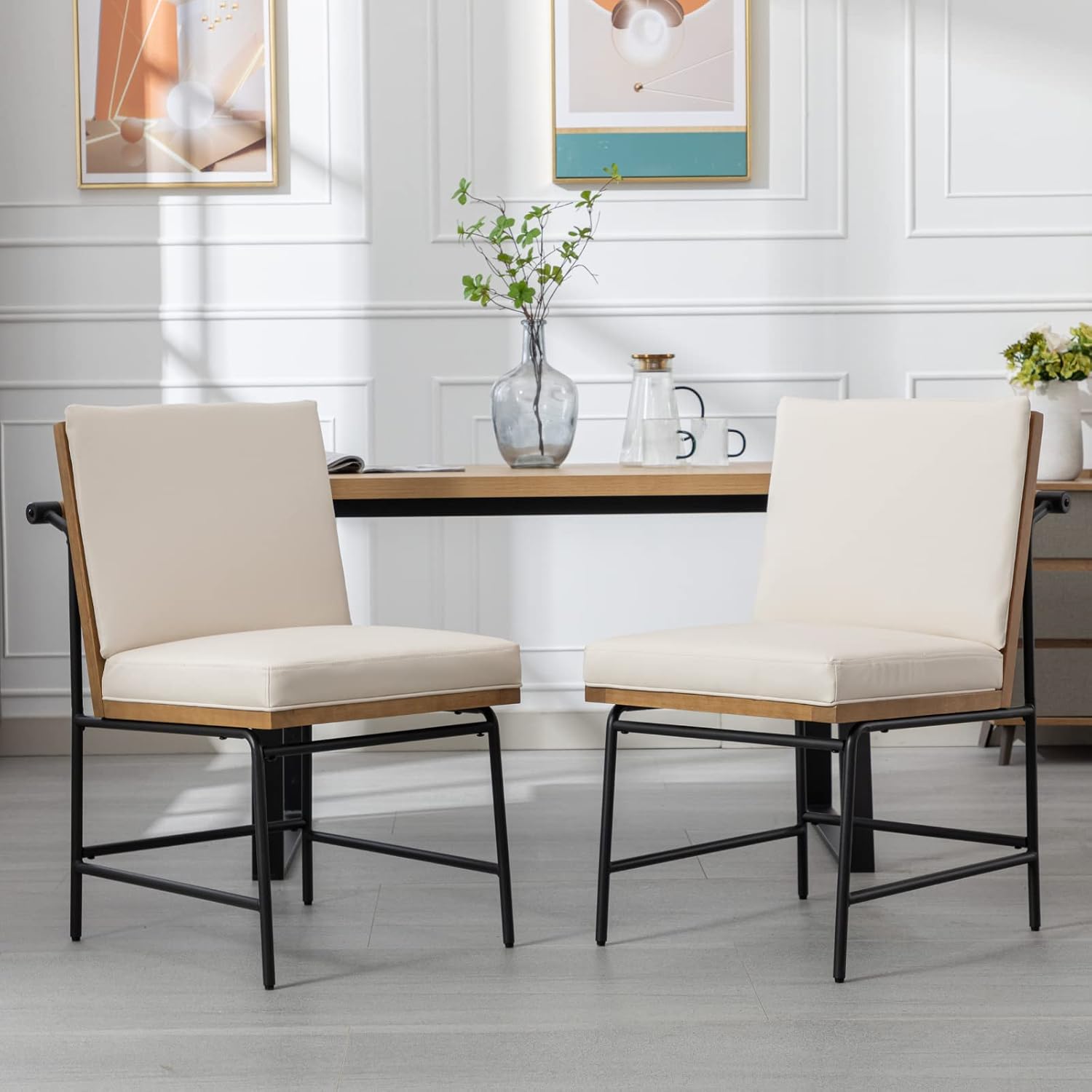HEAH-YO Modern Dining Chairs Set of 2, Upholstered PU Leather Dining Room Chairs with Backrests, Armless Side Chair for Kitchen, Beige