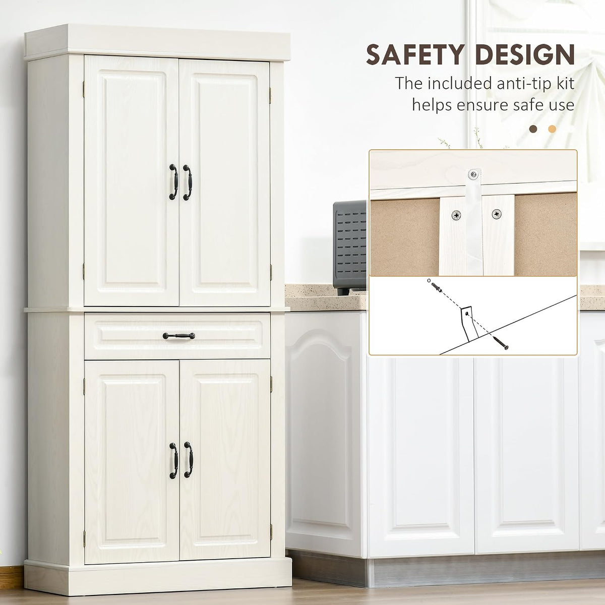 HOMCOM 71" Freestanding Kitchen Pantry Cabinet, Tall Storage Cabinet with 4 Doors and Drawer for Dining Room, Distressed White