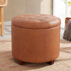 Ornavo Home 18" Round Storage Ottoman with Lid, Holds 300 lbs, Cognac | Faux Leather Tufted Fabric; Foot Rest Stool & Vanity Chair For Living Room, Bedroom Or Entryway