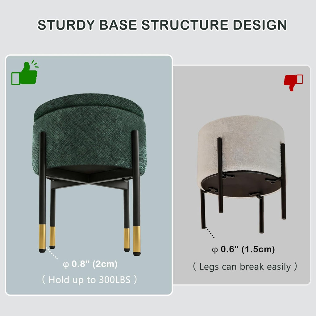CAROLMADE Round Ottoman with Storage, Velvet Makeup Vanity Stool, Small Ottoman Foot Stool with Coffee Table and Metal Legs for Living Room, Bedroom and Dorm, Green