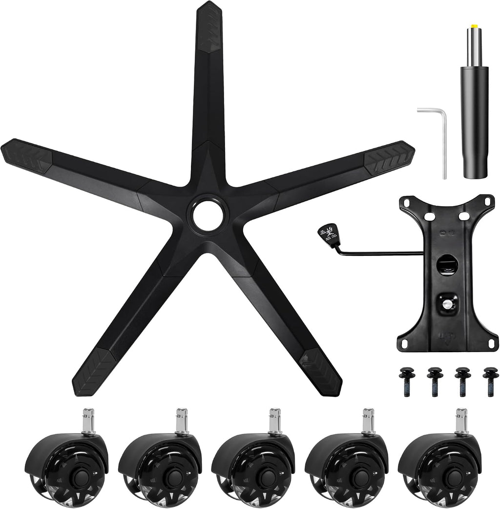 Frassie Gaming Chair Base Replacement Set with Plate Cylinder Wheels Black | Stur Nylon Frame Base, 5 Rubber Wheels Glide Silently & Protect Floors, Bottom Plate Mechanism with Install Screws