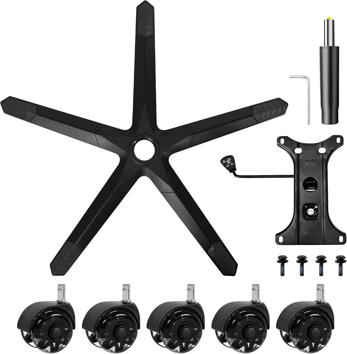 Frassie Gaming Chair Base Replacement Set with Plate Cylinder Wheels Black | Stur Nylon Frame Base, 5 Rubber Wheels Glide Silently & Protect Floors, Bottom Plate Mechanism with Install Screws