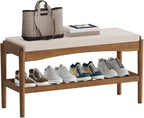 STDDRE Shoe Bench Entryway Bamboo 2-Tier Shoe Rack with Cushion Padded Seat Shoe Bench Organizer Stable for Entry, Hallway, Living Room, Bedroom, Closet (31.5 * 11.4 * 16.5IN, Brown-Beige)