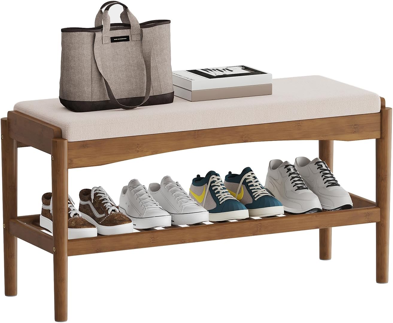 STDDRE Shoe Bench Entryway Bamboo 2-Tier Shoe Rack with Cushion Padded Seat Shoe Bench Organizer Stable for Entry, Hallway, Living Room, Bedroom, Closet (31.5 * 11.4 * 16.5IN, Brown-Beige)