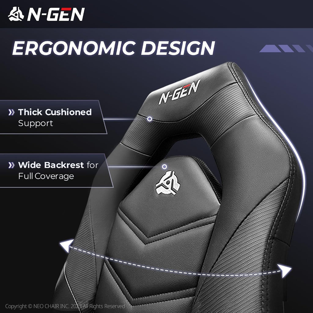 N-GEN Gaming Gaming Chair, Lumbar, PU Leather, Flip-Up Arms, Jet Black | Ergonomic High-Back Design, Adjustable Height with 360° Swivel Wheels, Comfortable Computer Desk Seating for Office and Home