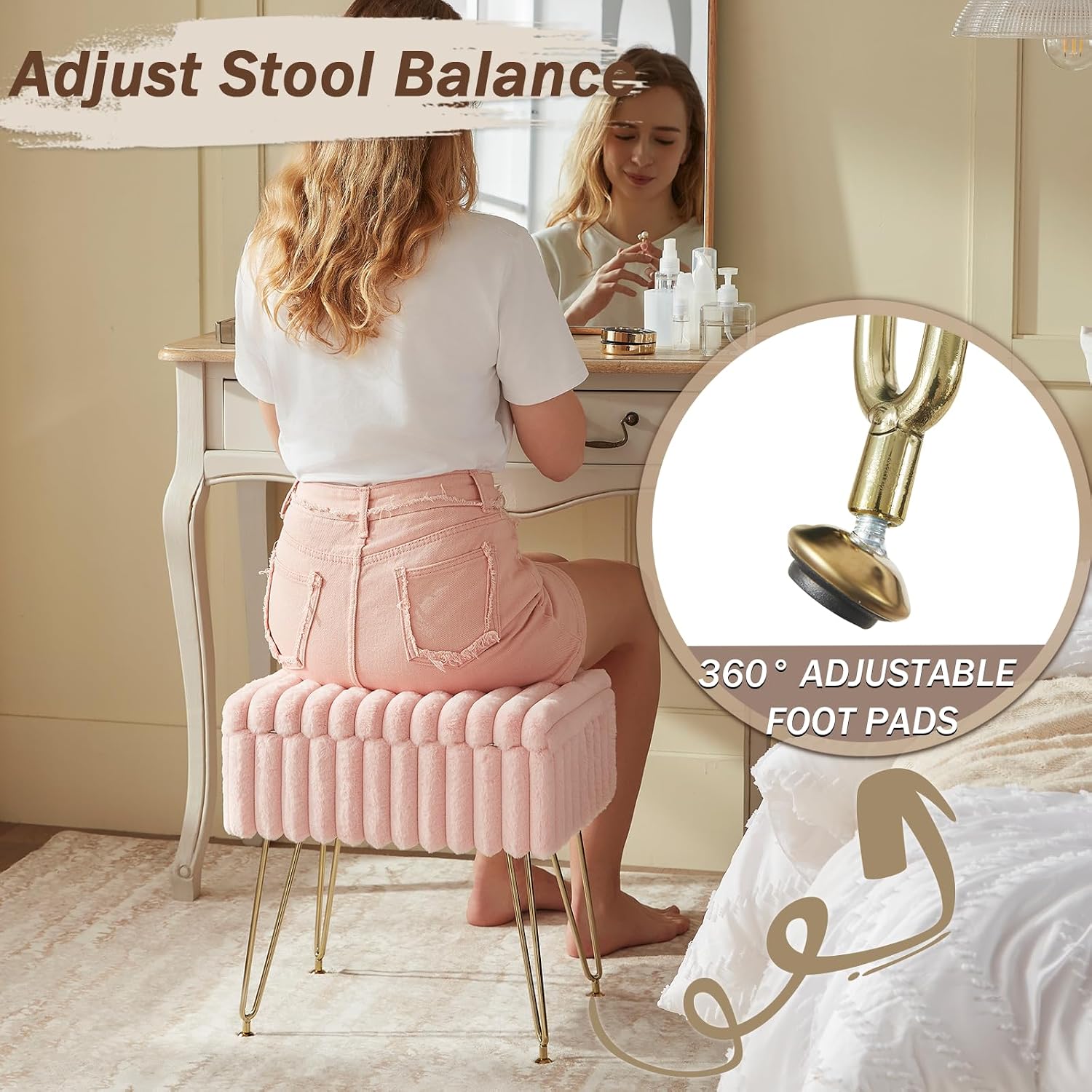 EBENCHICO Vanity Stool Chair with Storage, Faux Fur Stools for Vanity | Makeup Ottoman, Foot Stool, with 4 Metal Legs, Adjustable Feet, Small Vanity Bench, for Living Room Bedroom, Pink