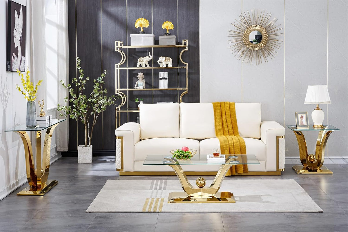 Modern Glass End Table Square Gold Living Room Table Sofa Side Table with 0.4" Tempered Glass Top & Geometric Stainless Steel Base,Luxury Clear Tempered Glass Small Bed Side Corner Table