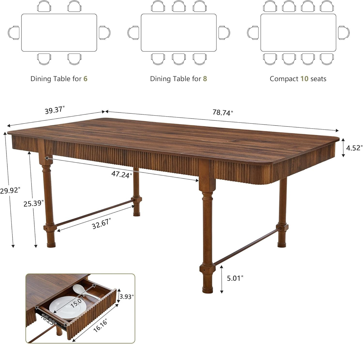 Fluted Dining Table for 6 to 10 People, 79'' Long Rustic Dinner Table with Drawers, Farmhouse Rectangular Wooden Tables for Kitchen, Dining Room, Living Room (Walnut)