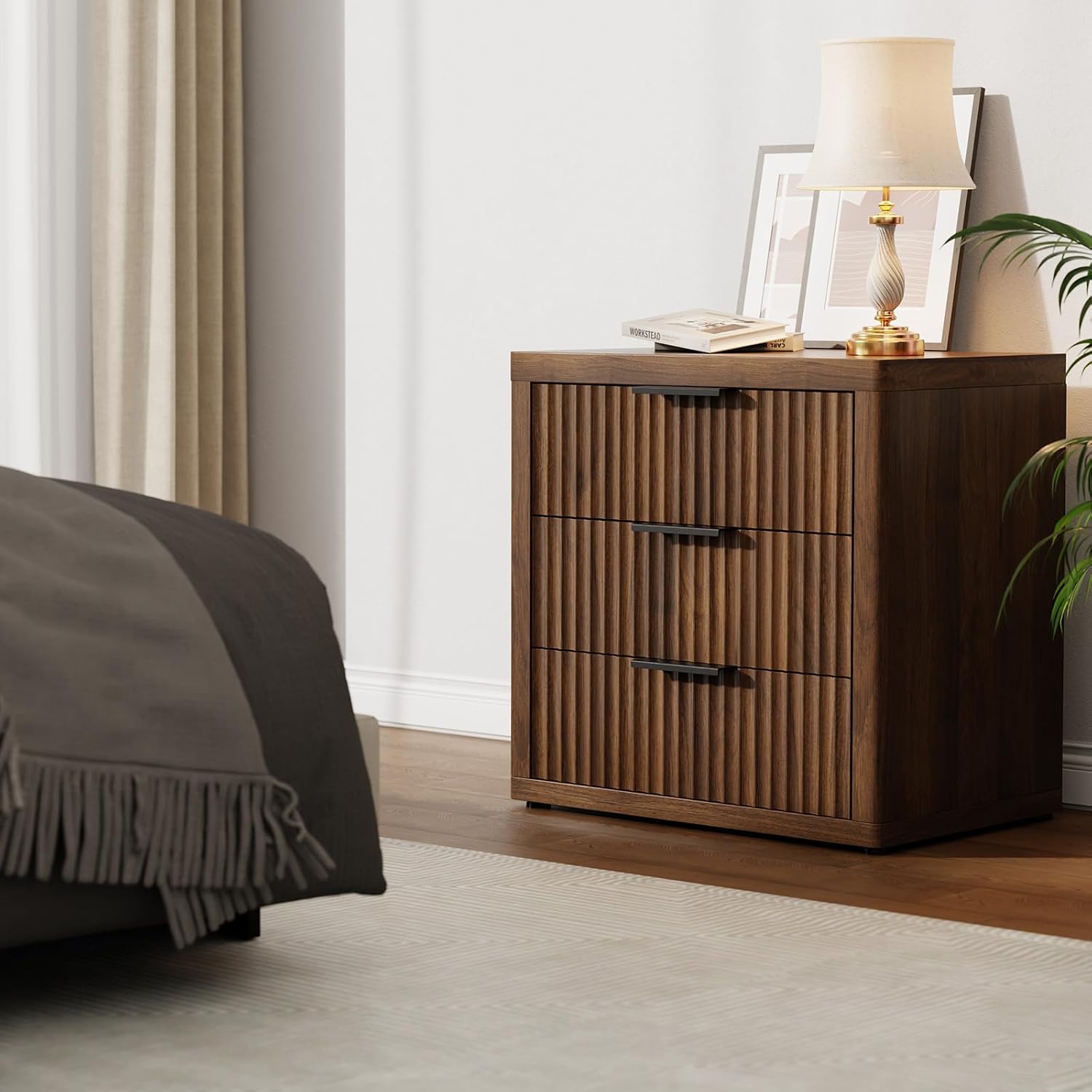 23" Wide Fluted Nightstands Set of 2, Bedroom End Table | Modern Nightstand, Metal Handle, Large Storage Bed Side Table for Bedroom, Living Room, Office, Walnut