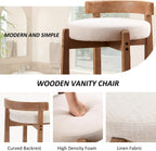 HEAH-YO Wood Vanity Chair with Back, Linen Upholstered Small Ottoman Footstool, Mid-Century Modern Makeup Chair with Solid Wood Legs for Makeup Room Bedroom Living Room, Beige