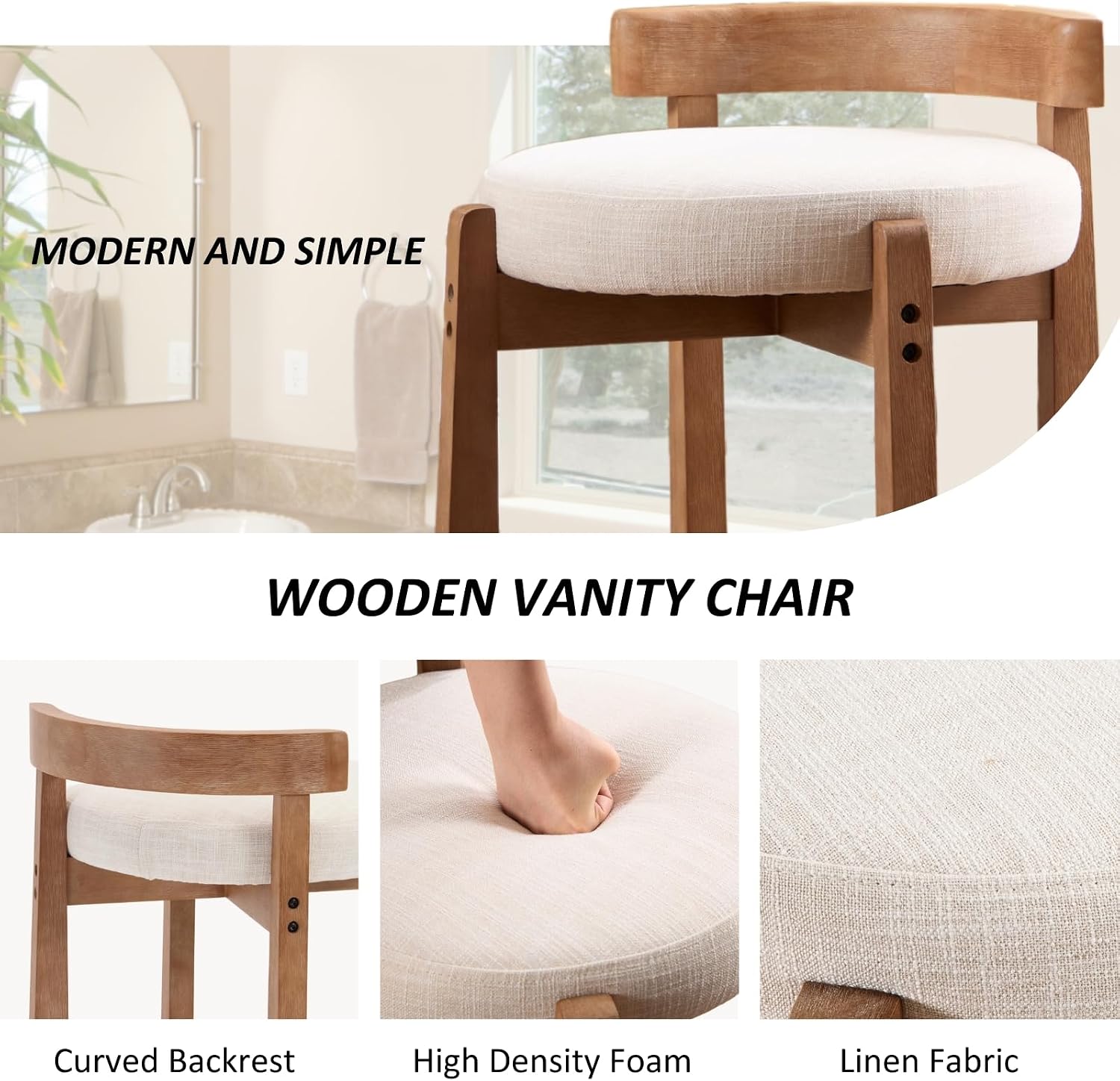HEAH-YO Wood Vanity Chair with Back, Linen Upholstered Small Ottoman Footstool, Mid-Century Modern Makeup Chair with Solid Wood Legs for Makeup Room Bedroom Living Room, Beige