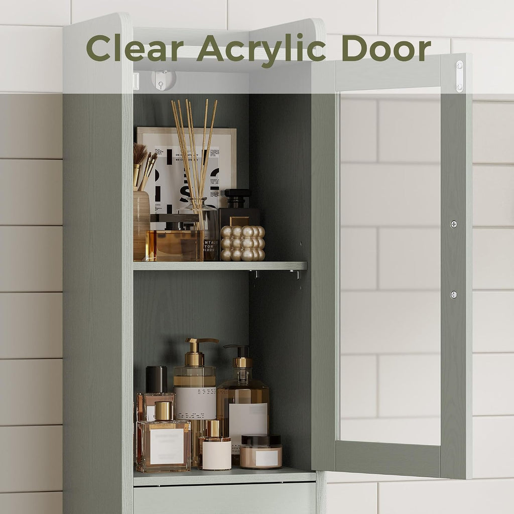 IRONCK Tall Bathroom Cabinet with Drawer and Door, 71" H Slim Freestanding Narrow Storage Cabinet with Adjustable Shelves, Retractable Toilet Paper Rod, for Small Spaces, 11.8" W Green