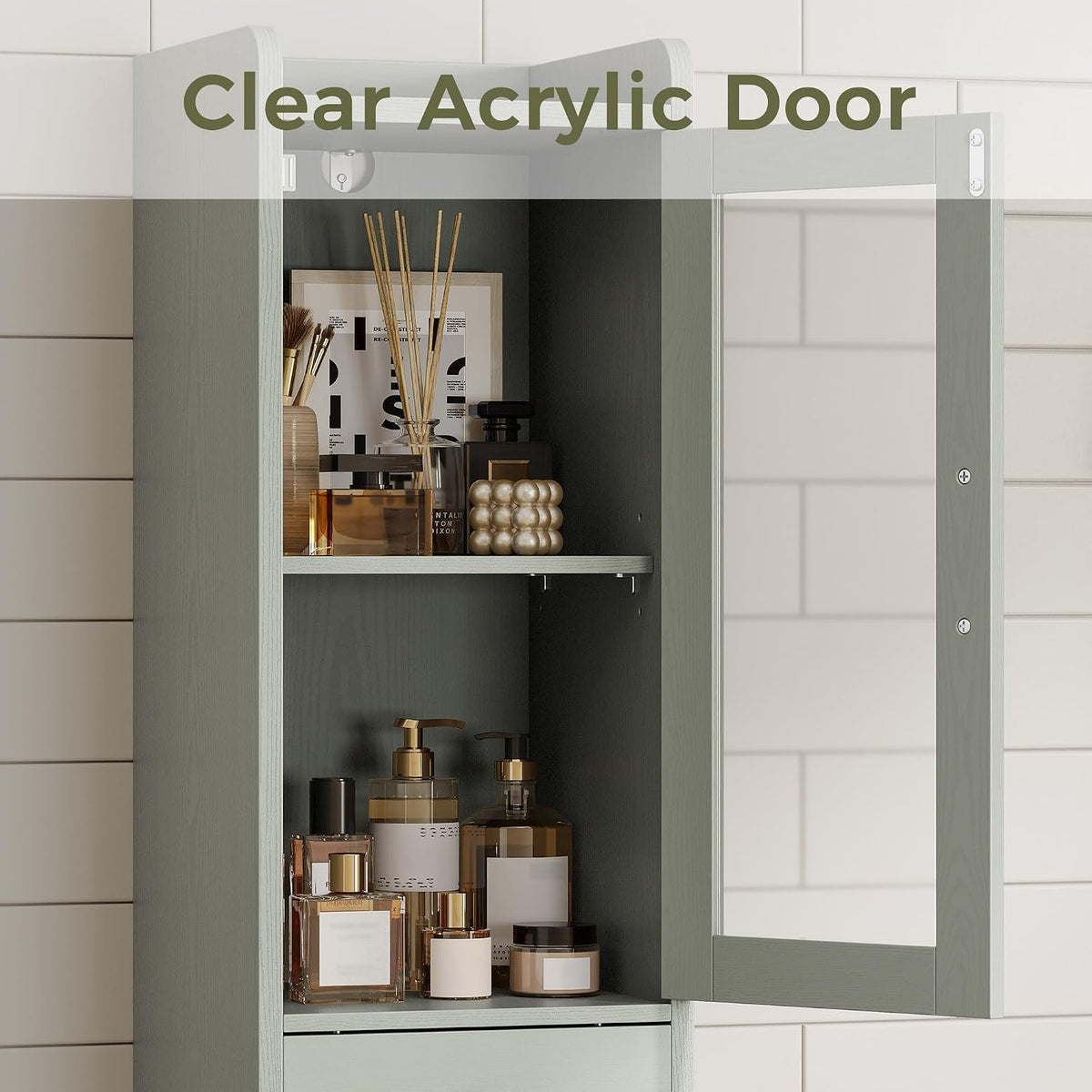 IRONCK Tall Bathroom Cabinet with Drawer and Door, 71" H Slim Freestanding Narrow Storage Cabinet with Adjustable Shelves, Retractable Toilet Paper Rod, for Small Spaces, 11.8" W Green