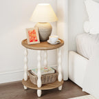 Round End Table, 2-Tier Farmhouse End Table, 18.5'' Handcrafted Weathered Look Wooden Nightstand, Pine Leg, Small Side Tables for Living Room, Small Space, Bedroom, Boho, Easy Assembly, Cream Beige