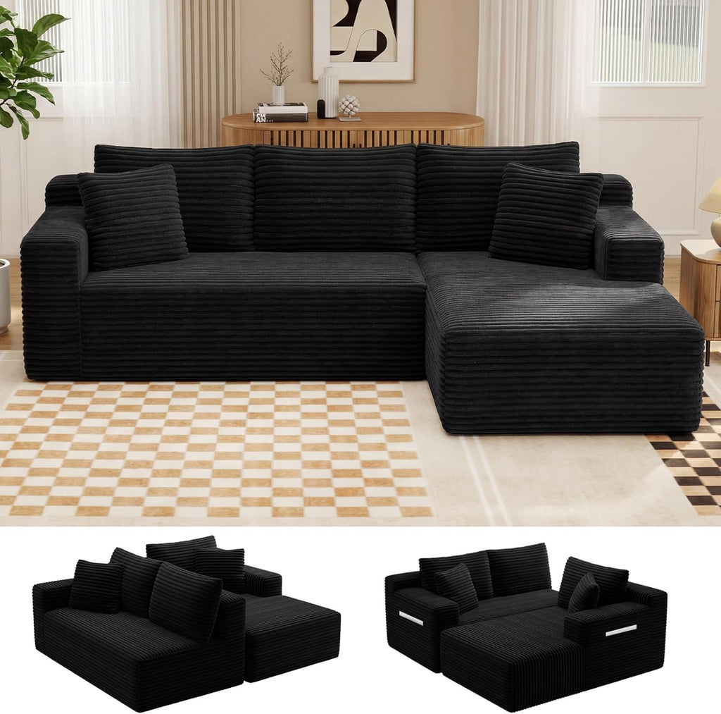 94.5" L-Shaped Cloud Sectional Couch for Living Room, Modern Minimalist Upholstered Sofa,Corduroy Fabric Modular Sectional Sofa with Chaise, No Assembly Required (Black, Right)