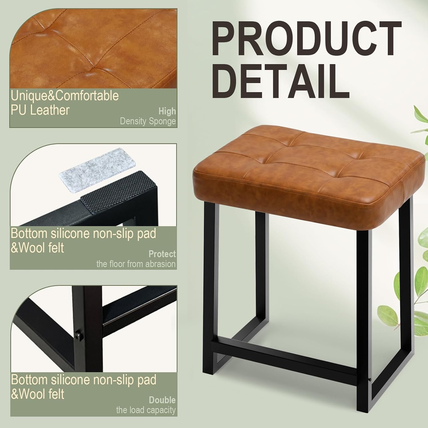 Vanity Bar Stool Chair, Makeup Stool Counter Height Stools,Small Ottoman Footrest for Living Room, Bathroom, Bedroom, Offices，Leather &Metal Legs with Anti-Slip Feet,Rustic Brown