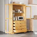 Freestanding pantry organizer armoire solid pine wood, glass double doors, four sliding drawers, adjustable shelf, kitchen hutch for dining area, office, living room display cupboard (Natural)