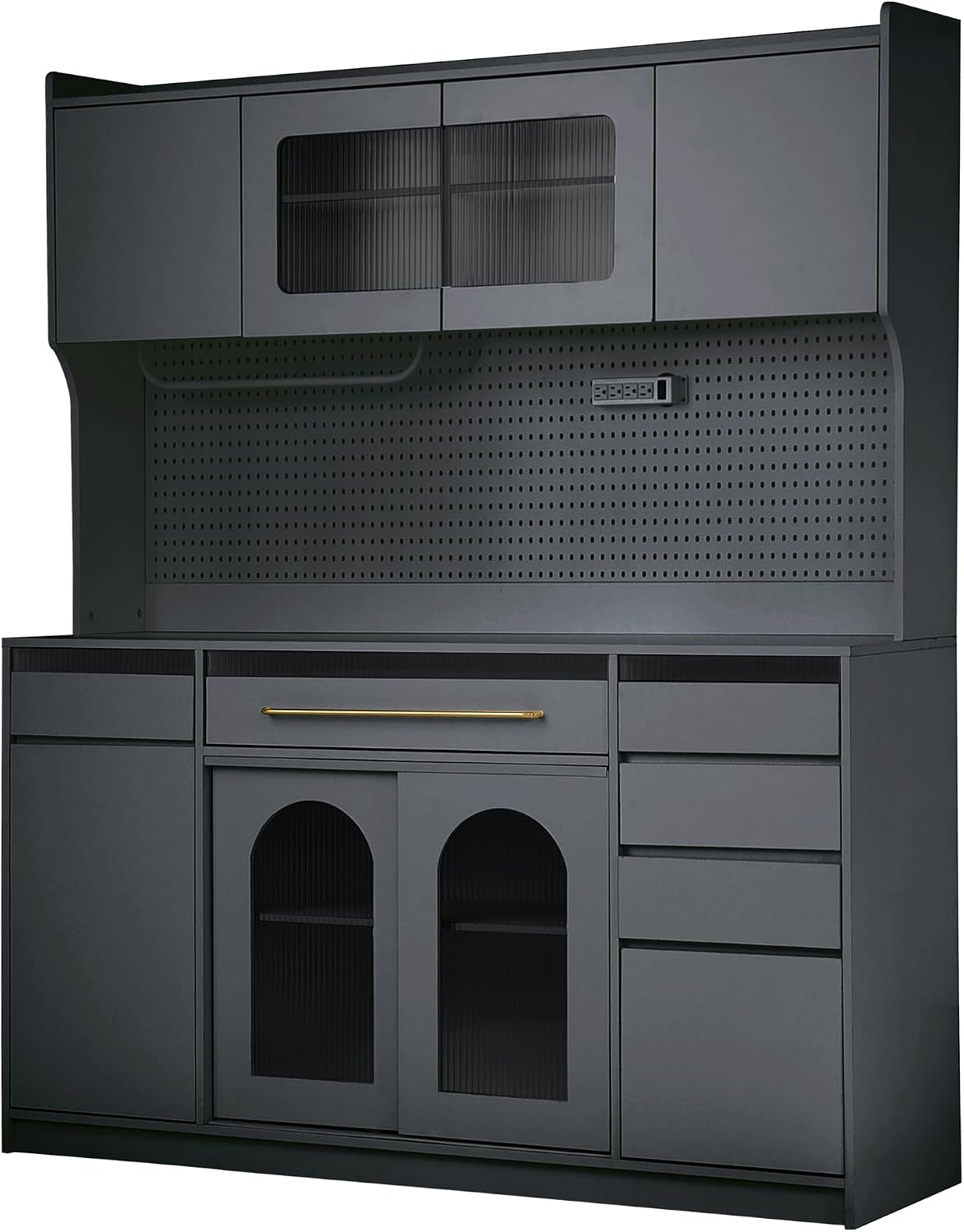 Freestanding Kitchen Pantry Cabinet with Hutch, Large Coffee Bar Storage Cabinet with Adjustable Shelves, Drawers, Pegboard, Towel Rack and Power Outlet (Black)