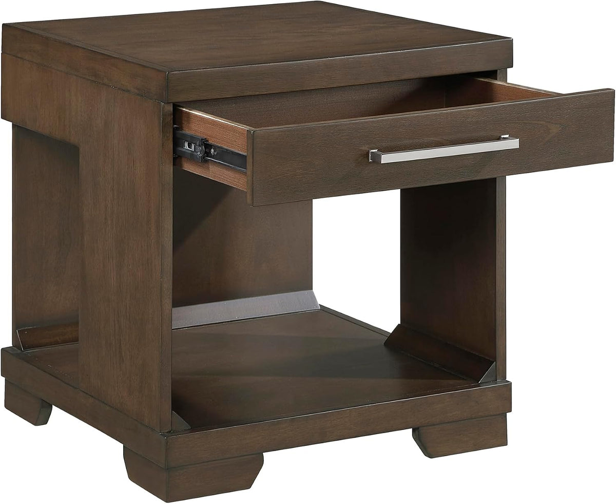 Lexicon Rectangle Wood End Table with Drawer and Lower Open Shelf, Mango Wood Veneer Small Side Table for Contemporary Living Room/Bedroom, Fully Assembled, Espresso