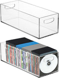 Frcctre 2 Pack Acrylic DVD/CD Storage Box, Clear DVD Holder Case with Handles, Stackable Storage Container Shelf Organizer Bin for CDs, Video Games, Blu-ray, Books, Home, Office