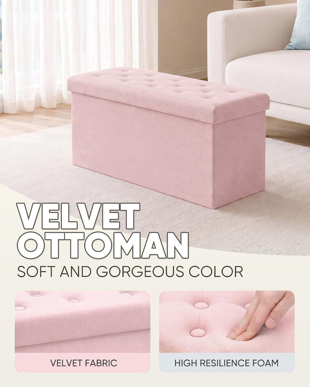 B FSOBEIIALEO Folding Storage Ottoman, Long Ottomans Shoes Bench, Velvet Storage Chest Footrest Seat 31.5"x15.7"x15.7" (Pink, Large)