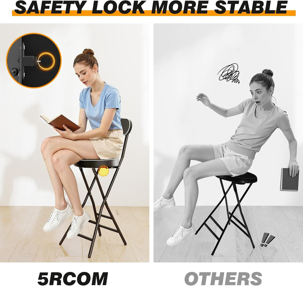 5Rcom 2 Pack Folding Stool, 24 inch Cushioned Padded Folding Bar Stool with Backrest, Foldable Stools for Adults Up to 400lbs, Collapsible Round Folding Counter Height Stool Chair for Camping Kitchen