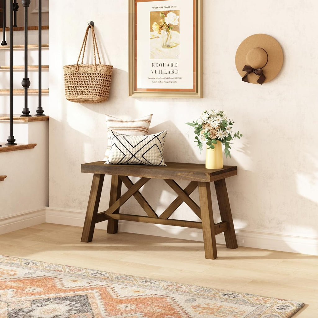Wnutrees 30" Farmhouse Wood Bench, Rustic Solid Wood Entryway Bench Seat with Double X-Structure for Dining Area Living Room Hallway, Structural Stability, Natural