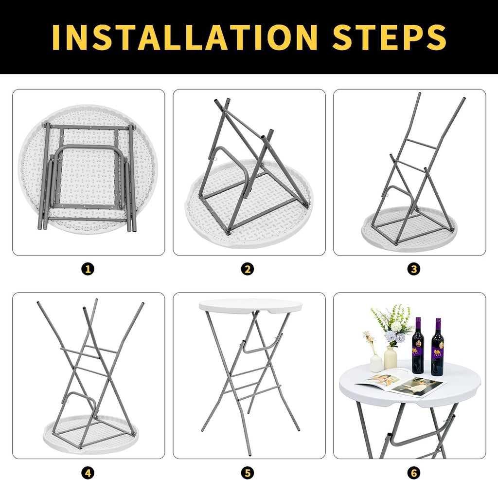 2 PCS - 31.5" L X 31.5" W X 43" H - Cocktail Table White High Top Folding Table, Portable Bar Height Folding Table Round with Detachable Gray Legs