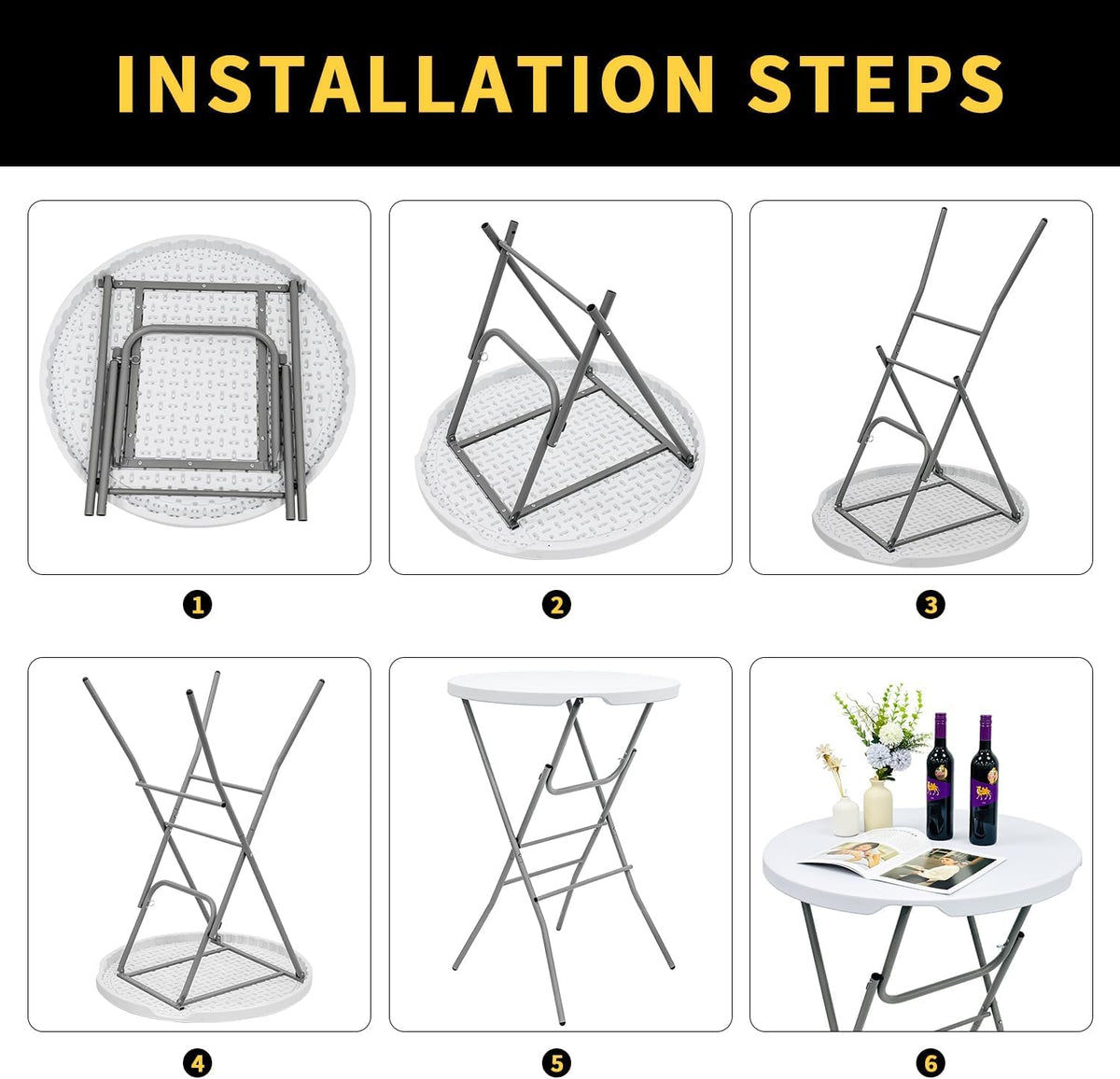 2 PCS - 31.5" L X 31.5" W X 43" H - Cocktail Table White High Top Folding Table, Portable Bar Height Folding Table Round with Detachable Gray Legs