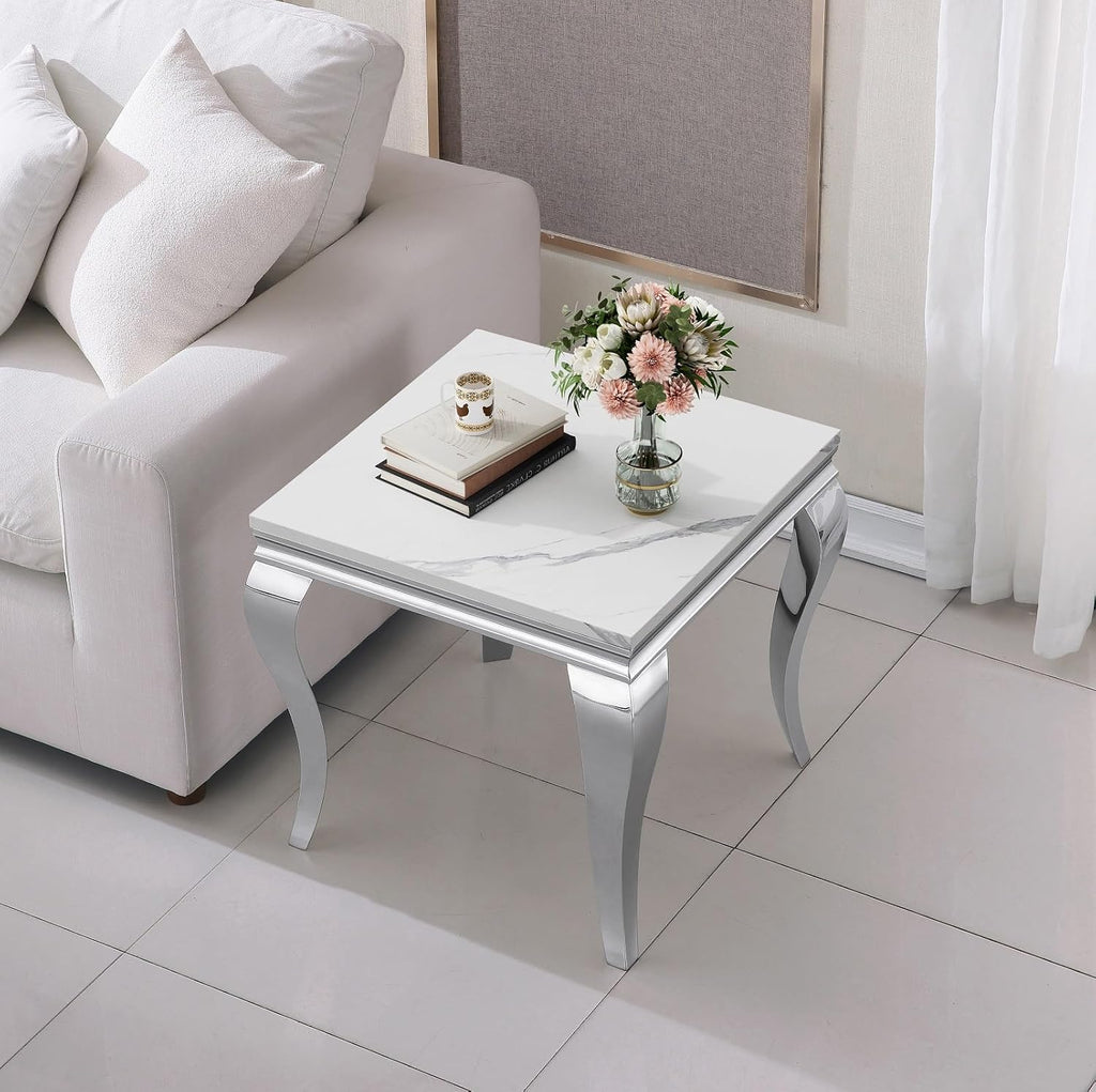 Henf 23in Square End Table Faux Marble End Table w/Stainless Steel Legs,Luxury Sofa Side Table Tea Table for Living Room Office, Nightstand Bedside Table for Bedroom, White and Silver End Side Table