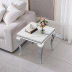 Henf 23in Square End Table Faux Marble End Table w/Stainless Steel Legs,Luxury Sofa Side Table Tea Table for Living Room Office, Nightstand Bedside Table for Bedroom, White and Silver End Side Table