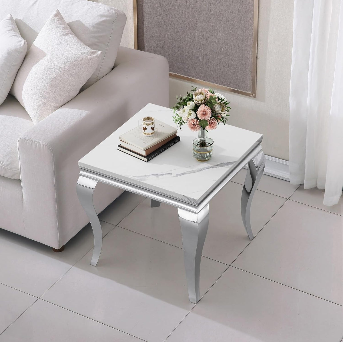 Henf 23in Square End Table Faux Marble End Table w/Stainless Steel Legs,Luxury Sofa Side Table Tea Table for Living Room Office, Nightstand Bedside Table for Bedroom, White and Silver End Side Table