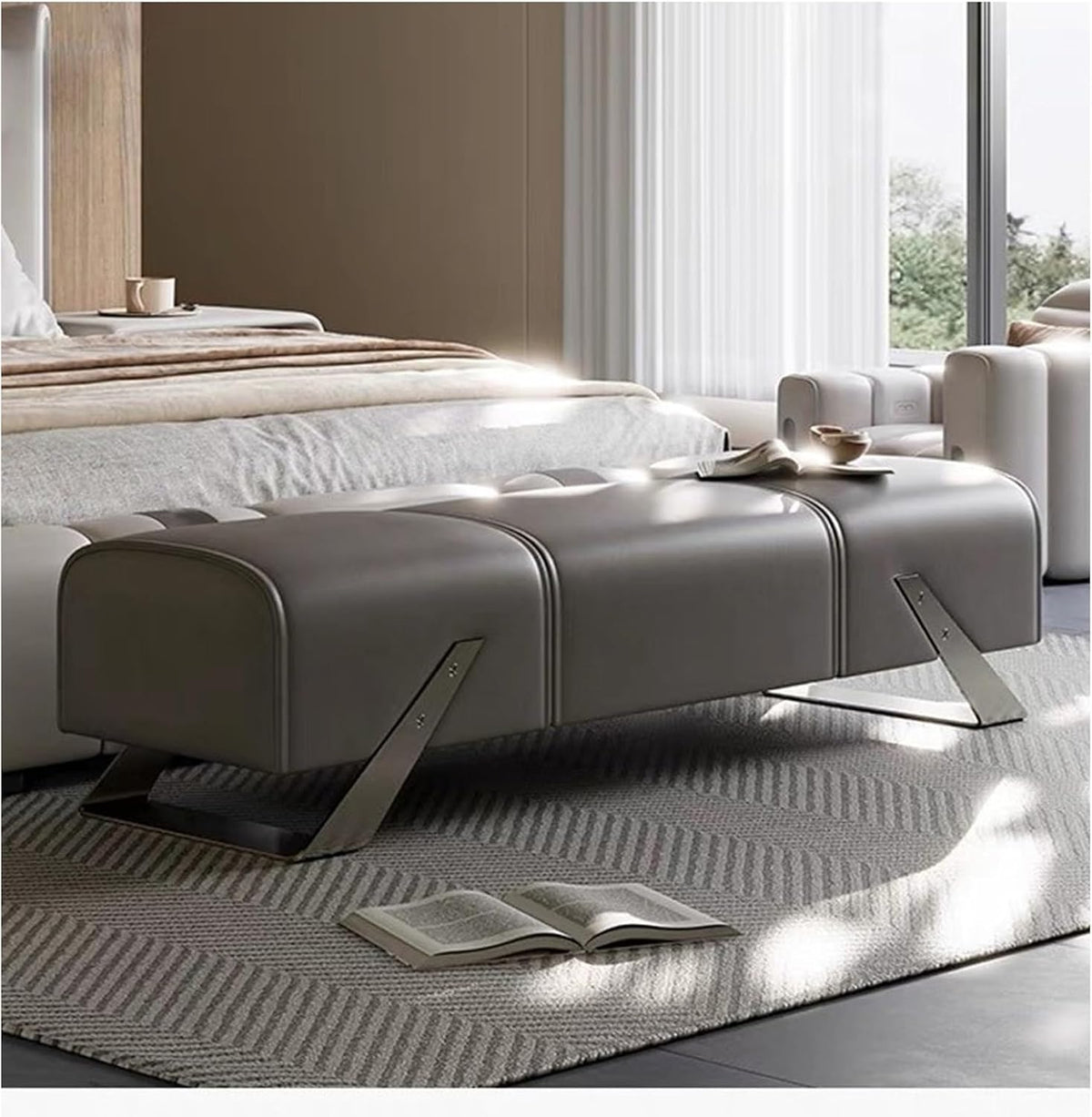 Modern Entryway Bench, Bedroom, Upholstered End of Bed, Soft Indoor, Solid Wood for Foyer Entryway(Gris,180 * 45 * 42 cm)