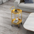 Round Side Table Metal End Coffee Table with Wheel Movable Tray Sofa Cart(Gold,2 Tier)