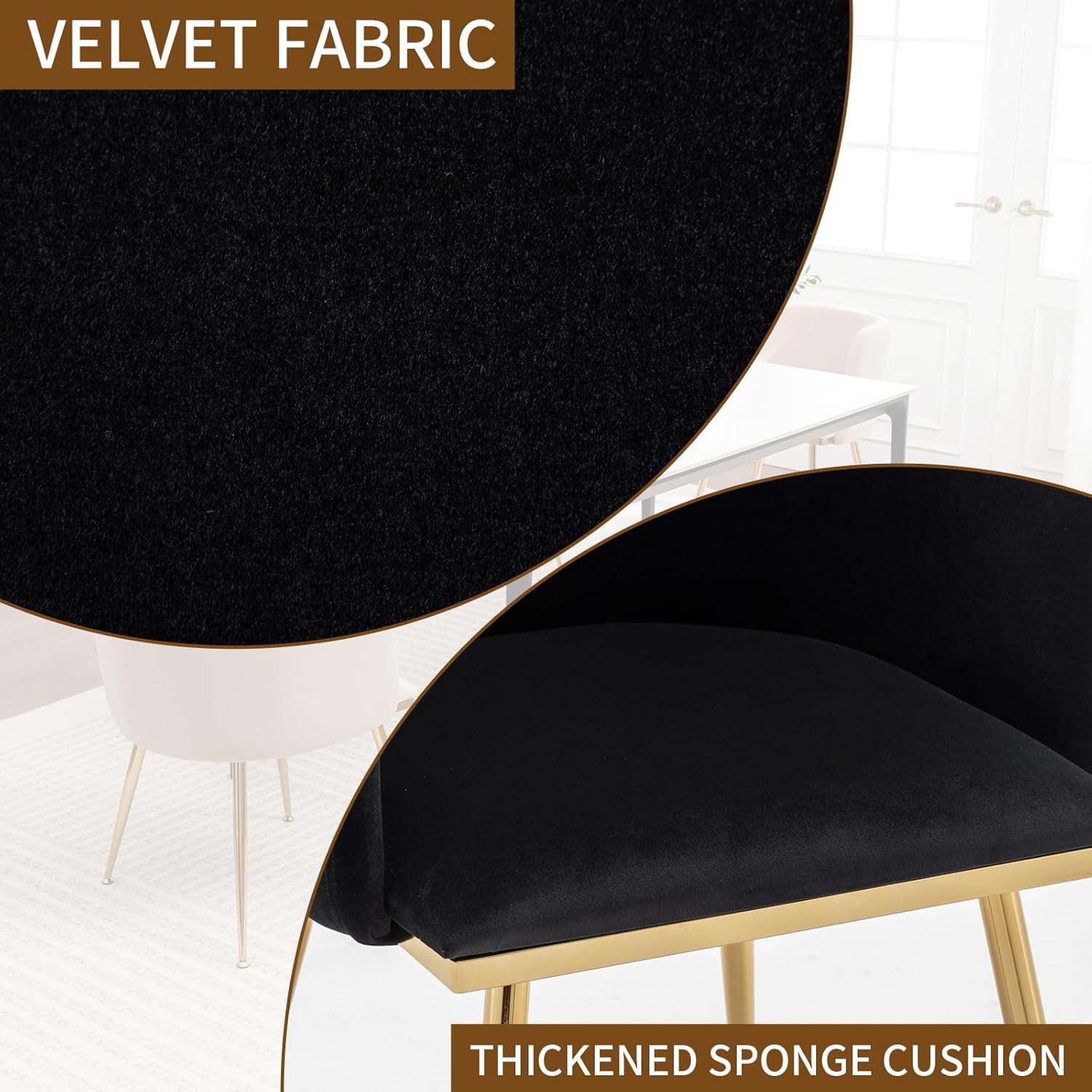 Canxkun Velvet Dining Chairs Set of 4, Barrel Dining Chairs with Gold Metal Legs, Modern Upholstered Dining Room Chair for Dining Room, Kitchen, Vanity (Black)