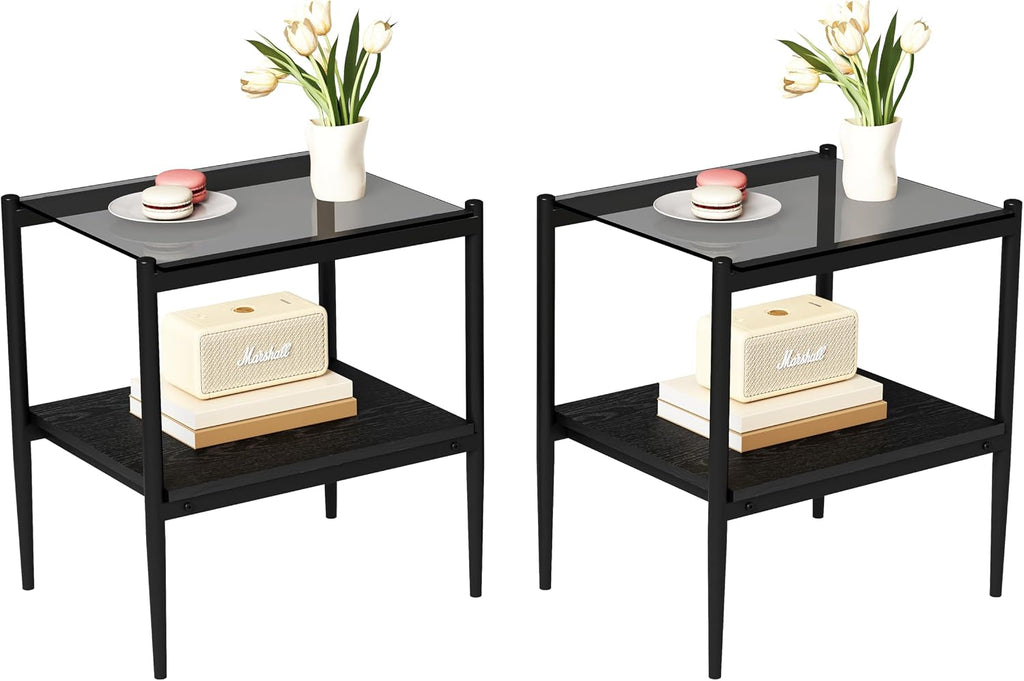 Modern Glass End Table, Tempered Glass Top, Sofa Side Table with MDF Storage Shelf and Metal Legs, Perfect for Living Rooms, Bedrooms, and Small Spaces (Gray Glass+Black)