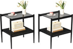 Modern Glass End Table, Tempered Glass Top, Sofa Side Table with MDF Storage Shelf and Metal Legs, Perfect for Living Rooms, Bedrooms, and Small Spaces (Gray Glass+Black)