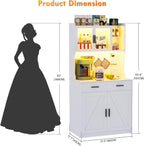 Gurexl 64" Farmhouse Kitchen Pantry with Auto Sensor LED,Storage Cabinets with 2 Outlets for Microwave & USB-C Ports,Hutch Cabinet with Pegboard,2 Cabinet,2 Drawers,1 Large Countertop
