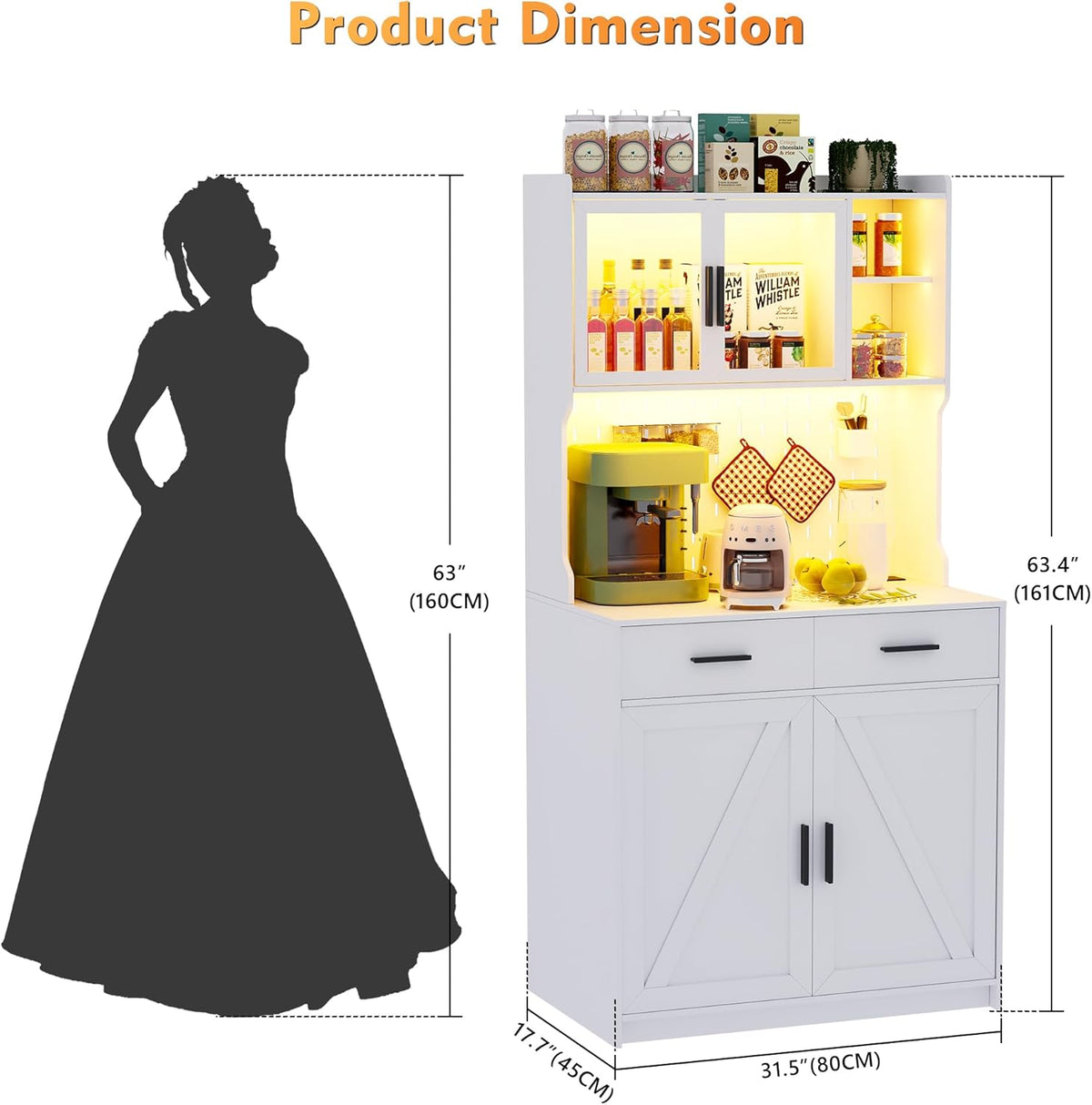 Gurexl 64" Farmhouse Kitchen Pantry with Auto Sensor LED,Storage Cabinets with 2 Outlets for Microwave & USB-C Ports,Hutch Cabinet with Pegboard,2 Cabinet,2 Drawers,1 Large Countertop