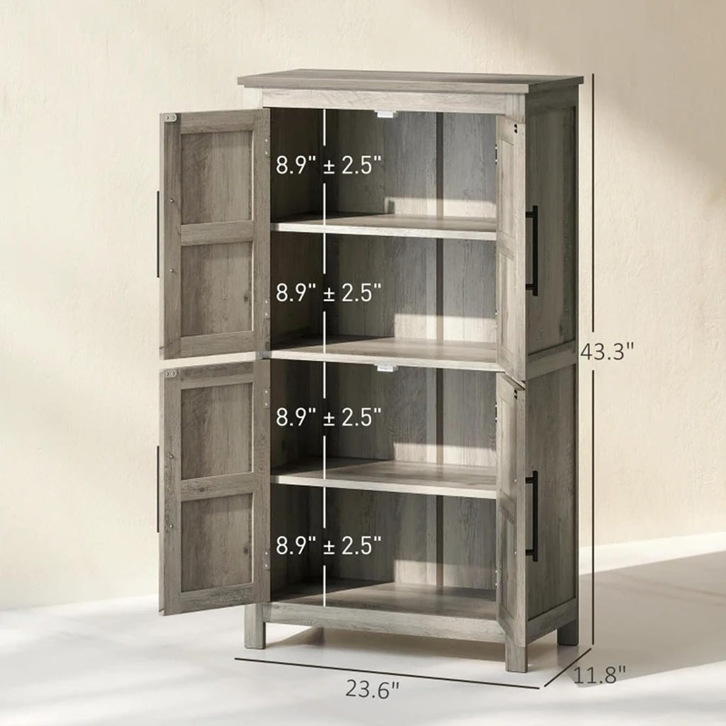 Kitchen Pantry Cabinet, 43.3” Wood Pantry Storage Cabinet with 4 Doors and 2 Adjustable Shelves, Freestanding Food Cabinet for Pantries, Kitchen, Livingroom, Dining Room, Light Gray