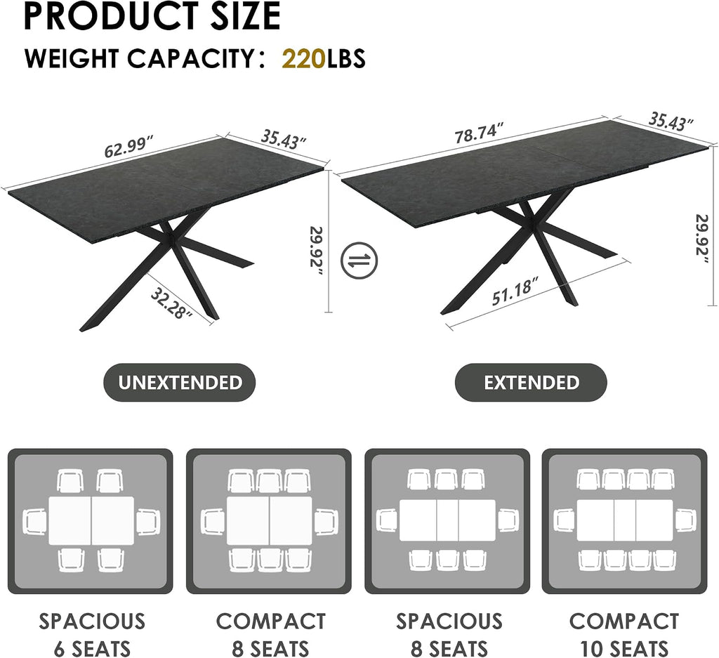 63-79 Inch Extendable Dining Table for 6-10, MDF Rectangular Kitchen Table with Removable Butterfly Leaf and Black Metal Base, Space Saving Design for Small Spaces & Holiday Gatherings, Black Lava