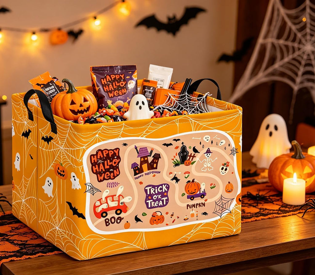 Rectangle Storage Basket,Gift Basket,Room Decor(White Web Halloween)