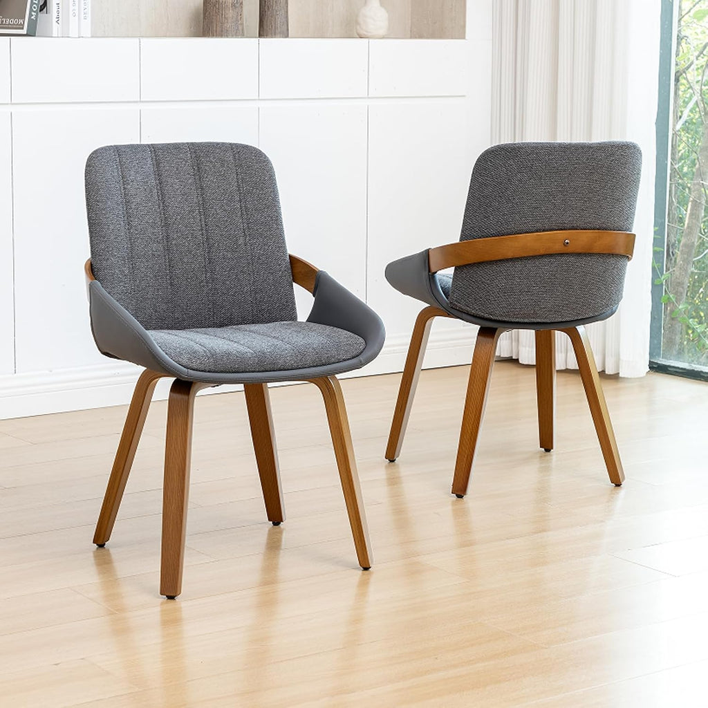 Dining Room Chairs Set of 2, Mid Century Modern Gray Fabric+Faux Leather Kitchen Chairs No Arms,Bamboo Legs Side Chairs No Wheels,Accent Chair for Dining Rooms