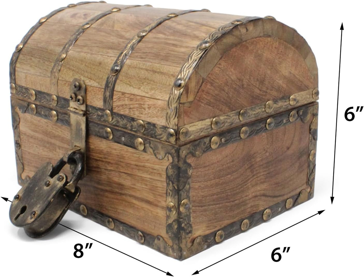 Nautical Cove Antiqued Finished Wood Treasure Chest with Decorative Rivets and Reinforcing Iron Strips with Lock and Skeleton Keys (Light Antique, Small 8 x 6 x 6)